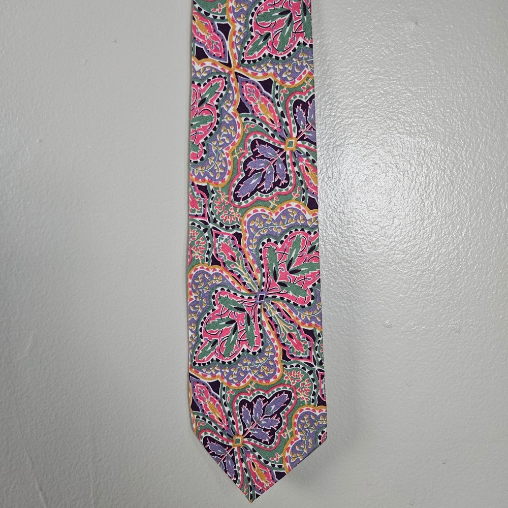 Vintage 90s Liberty of London Paisley Cotton Neck Tie Pink Purple Green Colorful